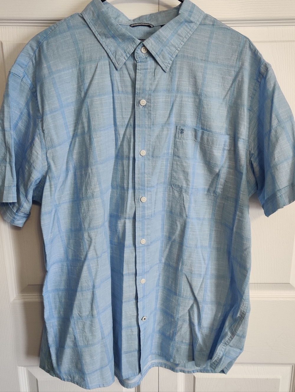 Izod Mens XXL Light Blue Button Down Shirt Plaid Checkered Striped Short Sleeve